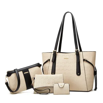 Women Fashion Simple Contrast Color Large Capacity PU Handbag 4piece Set Child-Mother Bag