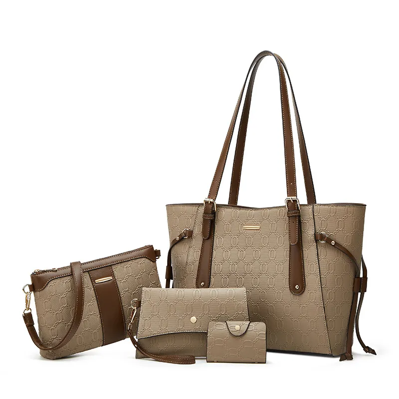 Women Fashion Simple Contrast Color Large Capacity PU Handbag 4piece Set Child-Mother Bag