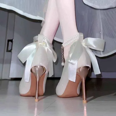 Women Fashion Elegant Pearl Bowknot Pointed Toe High Heels