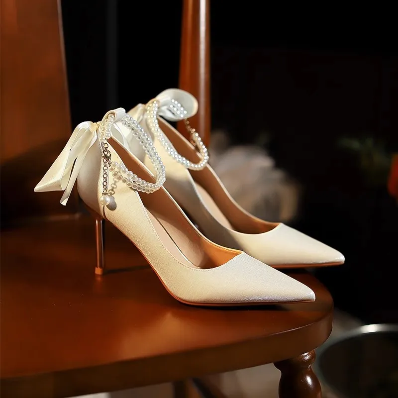 Women Fashion Elegant Pearl Bowknot Pointed Toe High Heels