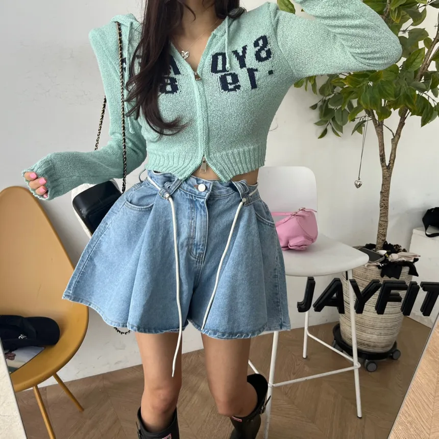 Women's High Waist Wide Leg Denim Shorts with Lace-Up Detail
