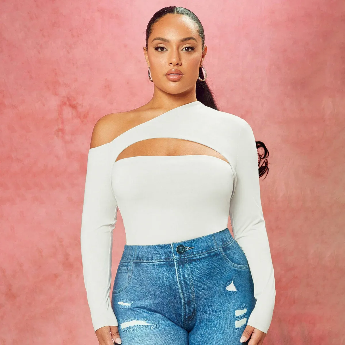 Women Fashion Elegant Plus Size Slant Collar Long-Sleeve Cotton Top