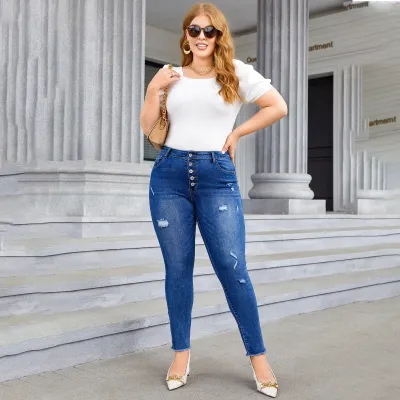 Women Fashion Plus Size Single-Breasted Stretch Jeans