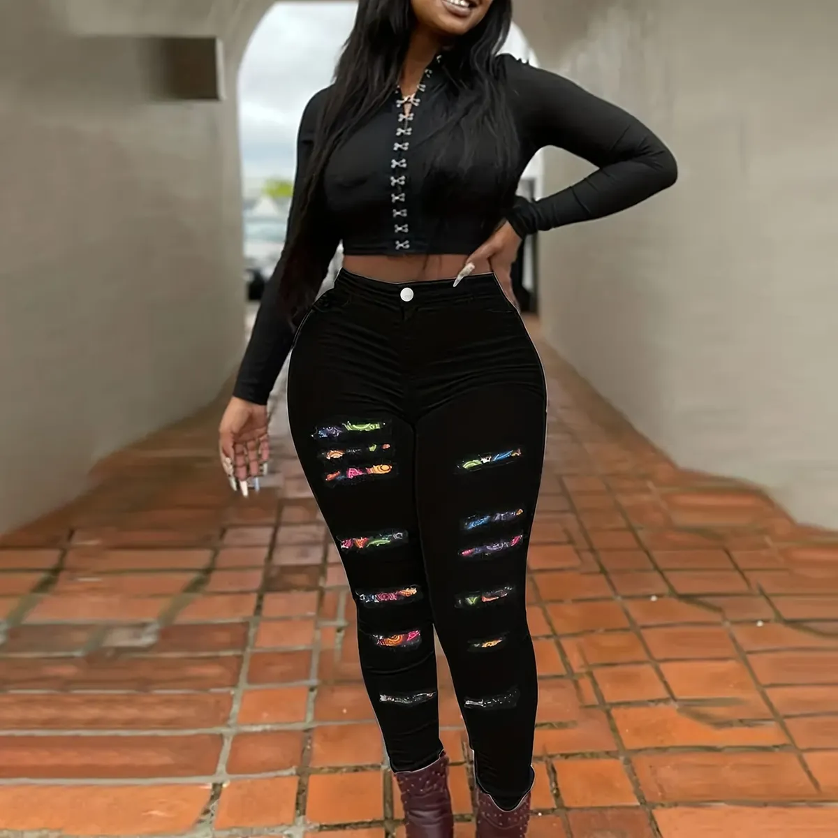 Women Plus Size Black Ripped Denim Jeans Street Hipster Style Pencil Pants