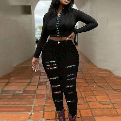 Women Plus Size Black Ripped Denim Jeans Street Hipster Style Pencil Pants