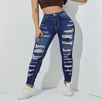 Vaqueros elásticos con ribete de talla grande a la moda para mujer