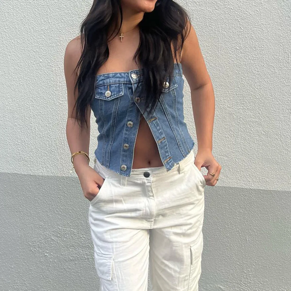 Women Fashion Sexy Slim-Fit Single Breasted Denim Tube Top