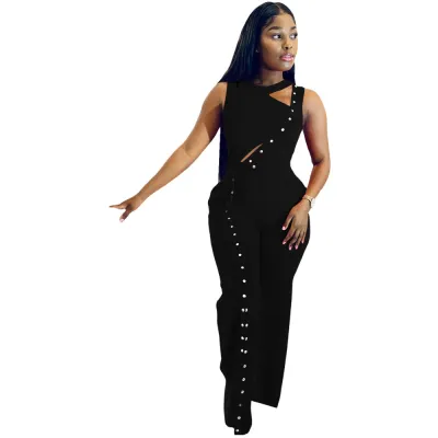 Summer Women Fashion Button Decoration High Waist Split Loose Sleeveless Jumpsuits