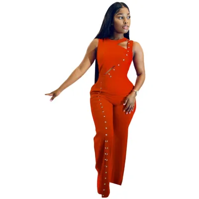 Summer Women Fashion Button Decoration High Waist Split Loose Sleeveless Jumpsuits