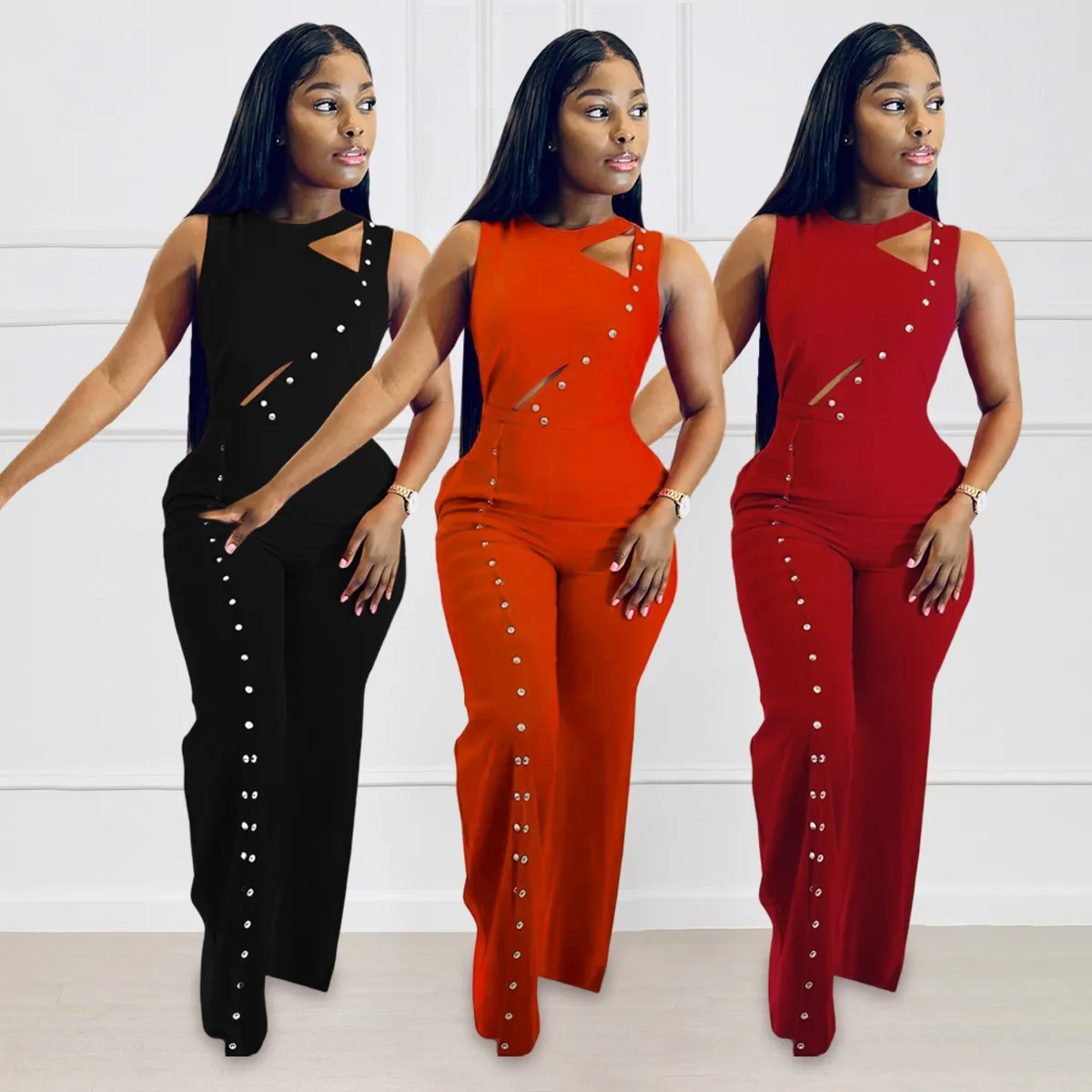 Summer Women Fashion Button Decoration High Waist Split Loose Sleeveless Jumpsuits