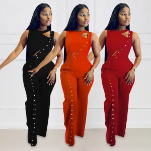 Summer Women Fashion Button Decoration High Waist Split Loose Sleeveless Jumpsuits