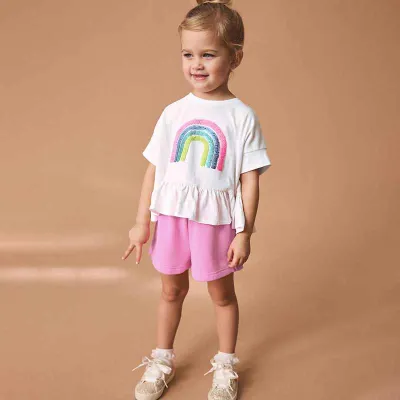 Kids Toddler Girls Casual Rainbow Short Sleeve T-Shirt Shorts Two Piece Set