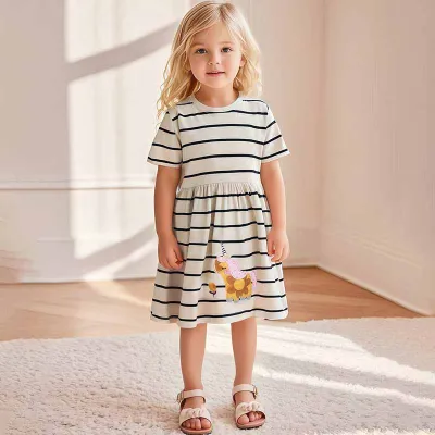 Wholesale Kids Toddler Girls Cute Cartoon Stripe Short Sleeve Dress