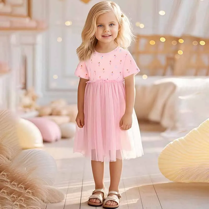 Kids Girls Cartoon Mesh Short Sleeve Princess Dress