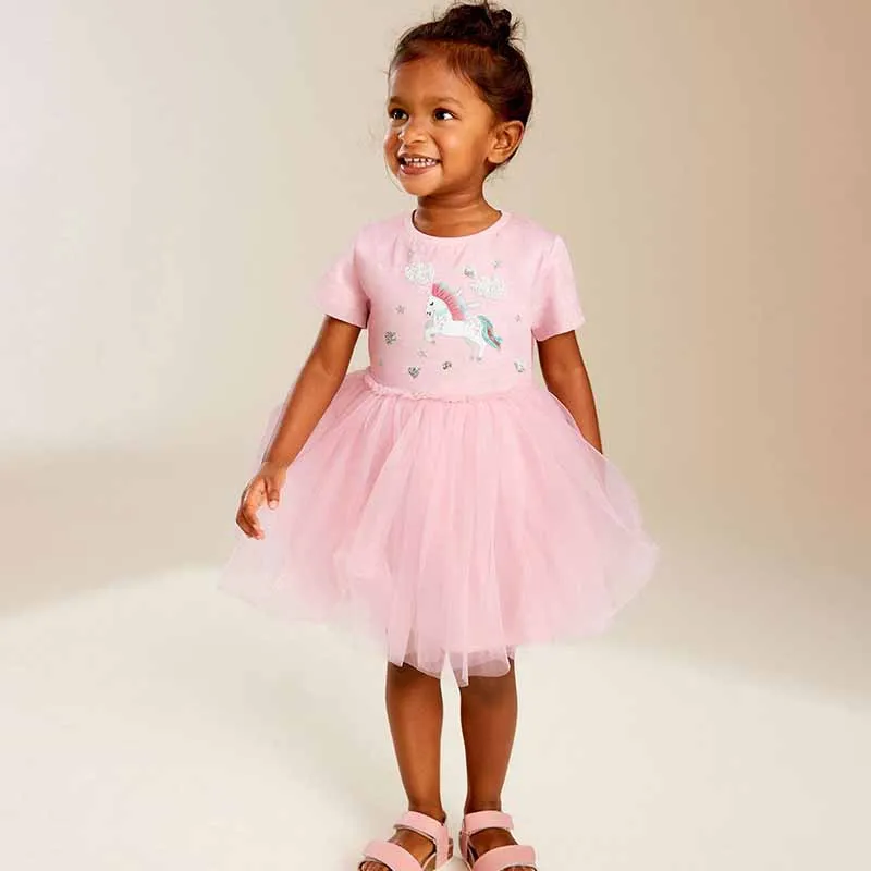 Kids Toddler Girls Cute Cartoon Mesh Short Sleeve Cotton Princess Dress