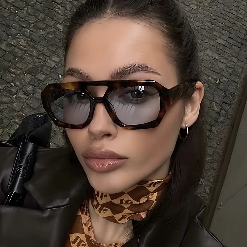 Women Fashion Irregular Polygon Frame Leopard Print Sunglasses