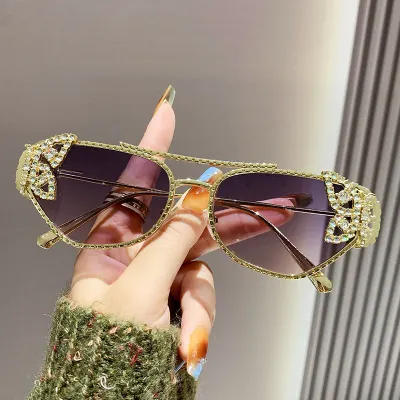 Women Fashion Metal Butterfly Rhinestone Polygon Sunglasses