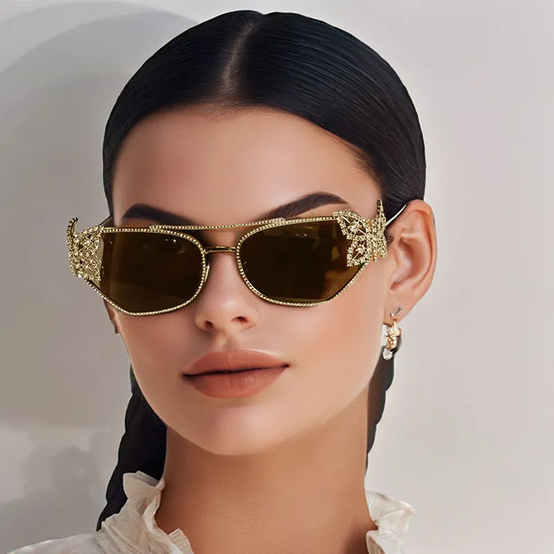 Women Fashion Metal Butterfly Rhinestone Polygon Sunglasses