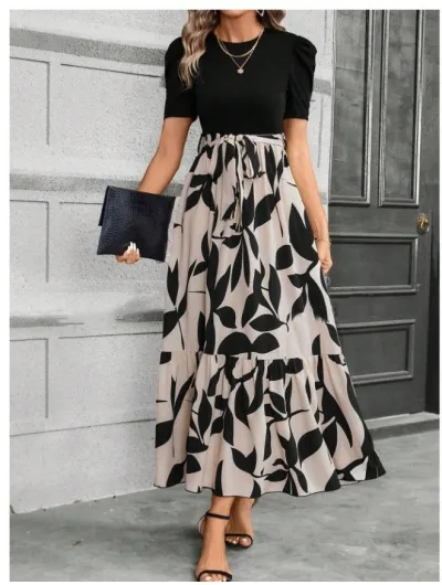 Women Casual Elegant Floral Print Round Neck Short-Sleeve A-Line Dress
