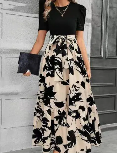 Women Casual Elegant Floral Print Round Neck Short-Sleeve A-Line Dress