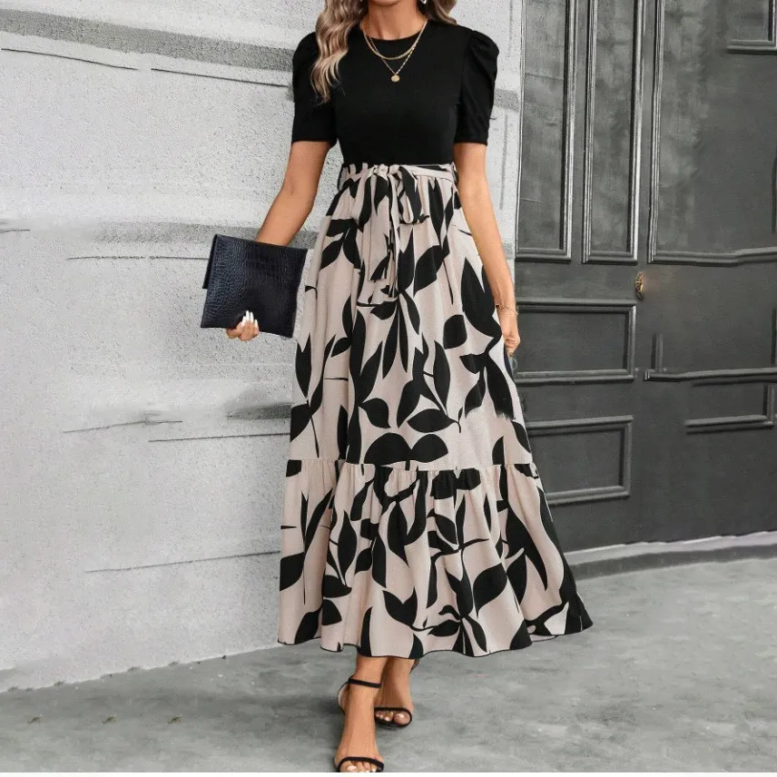 Women Casual Elegant Floral Print Round Neck Short-Sleeve A-Line Dress