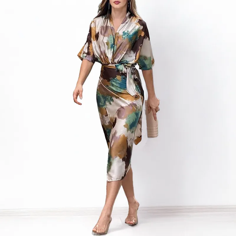 Women Casual Elegant Printed V-Neck Short-Sleeve Lace-Up Slim-Fit Dress