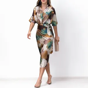 Women Casual Elegant Printed V-Neck Short-Sleeve Lace-Up Slim-Fit Dress