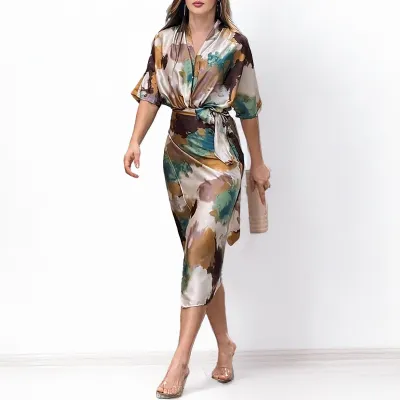 Women Casual Elegant Printed V-Neck Short-Sleeve Lace-Up Slim-Fit Dress