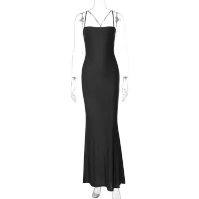 Women Fashion Sexy Solid Color Backless Hollow Lace-Up Slim Fit Dress