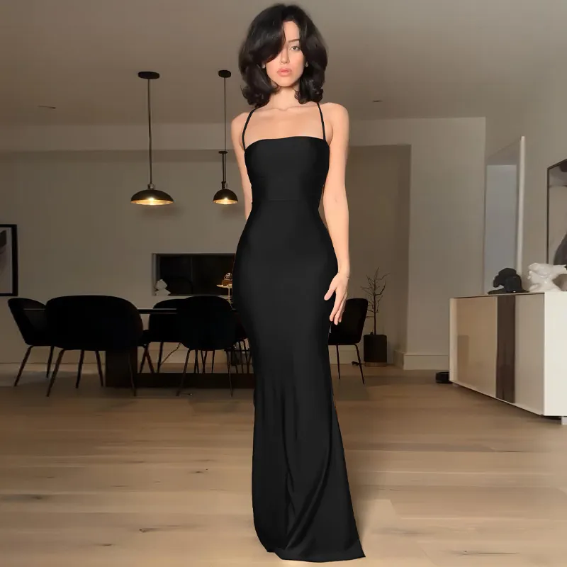 Women Fashion Sexy Solid Color Backless Hollow Lace-Up Slim Fit Dress