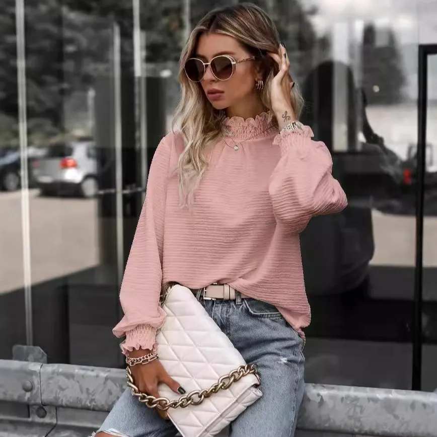 Autumn And Spring Women Turtle Neck Long Sleeve Lantern Sleeve Blouse