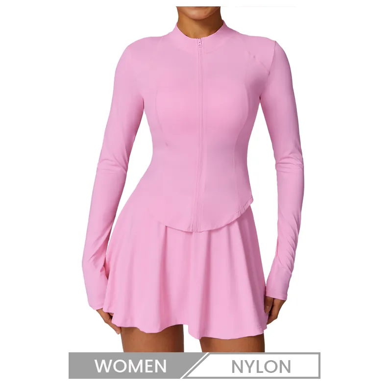 Women Fashion Yoga Solid Color Long Sleeve Zipper Top And Skirt Sport Two-Piece Set