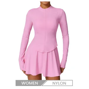 Women Fashion Yoga Solid Color Long Sleeve Zipper Top And Skirt Sport Two-Piece Set