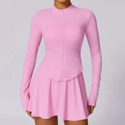 Women Fashion Yoga Solid Color Long Sleeve Zipper Top And Skirt Sport Two-Piece Set