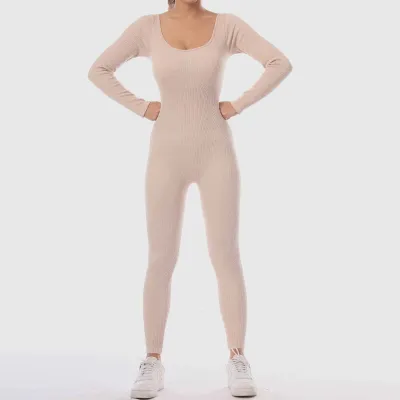 Customized Logo Women Yoga Fashion Solid Color Long Sleeve Quick-Drying Sports Jumpsuits