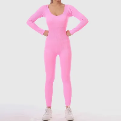 Customized Logo Women Yoga Fashion Solid Color Long Sleeve Quick-Drying Sports Jumpsuits