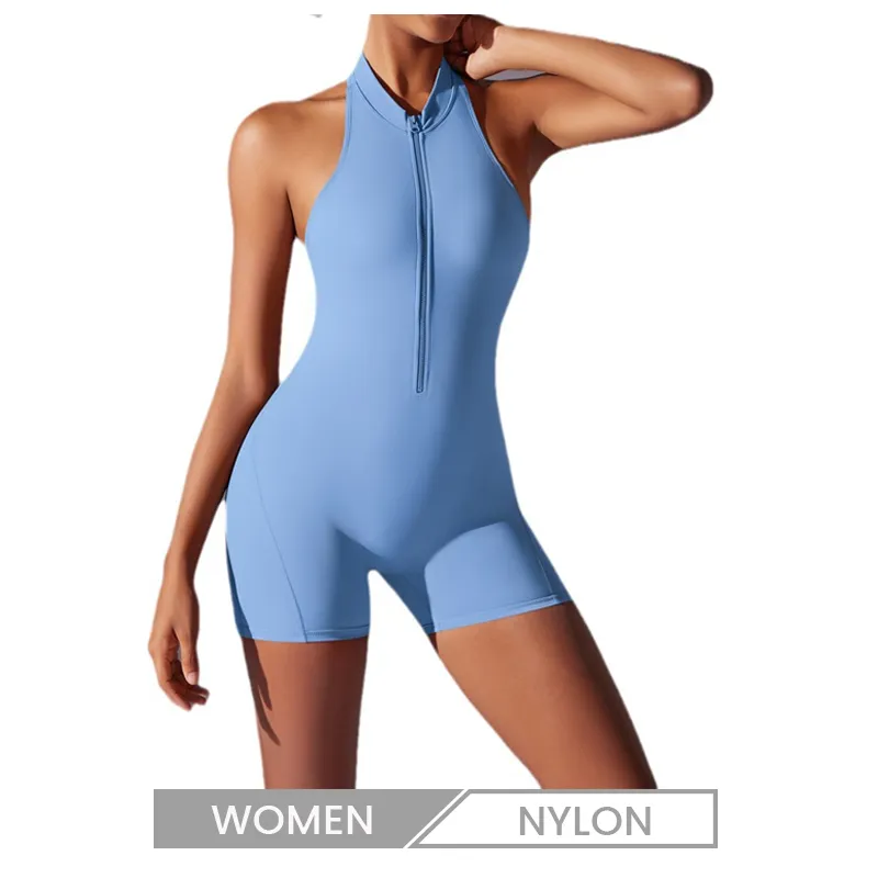 Customized Logo Women Simple Solid Color Sleeveless Zipper Tight Backless Sports Yoga Rompers
