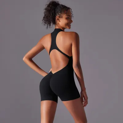 Customized Logo Women Simple Solid Color Sleeveless Zipper Tight Backless Sports Yoga Rompers
