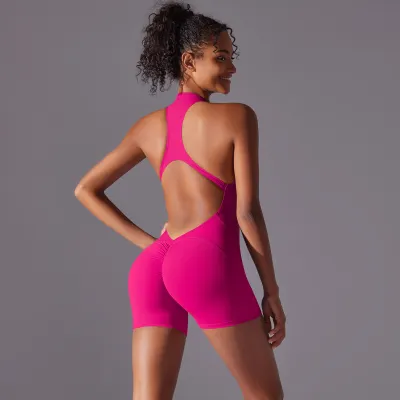 Customized Logo Women Simple Solid Color Sleeveless Zipper Tight Backless Sports Yoga Rompers