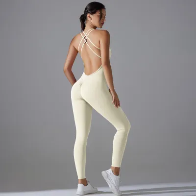 Women Fashion Cross Backless Hip Tight Fitness Yoga Jumpsuits