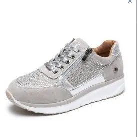 Women Casual Rhinestone Zipper Lace-Up Wedge Sneakers