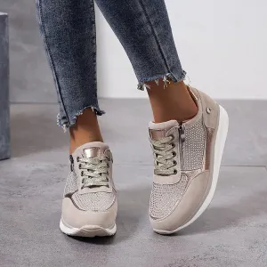 Women Casual Rhinestone Zipper Lace-Up Wedge Sneakers