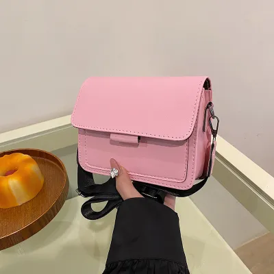 Women Fashion Casual Solid Color Wide Strap Square PU Crossbody Bag