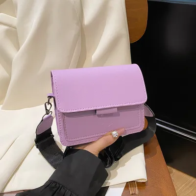 Women Fashion Casual Solid Color Wide Strap Square PU Crossbody Bag