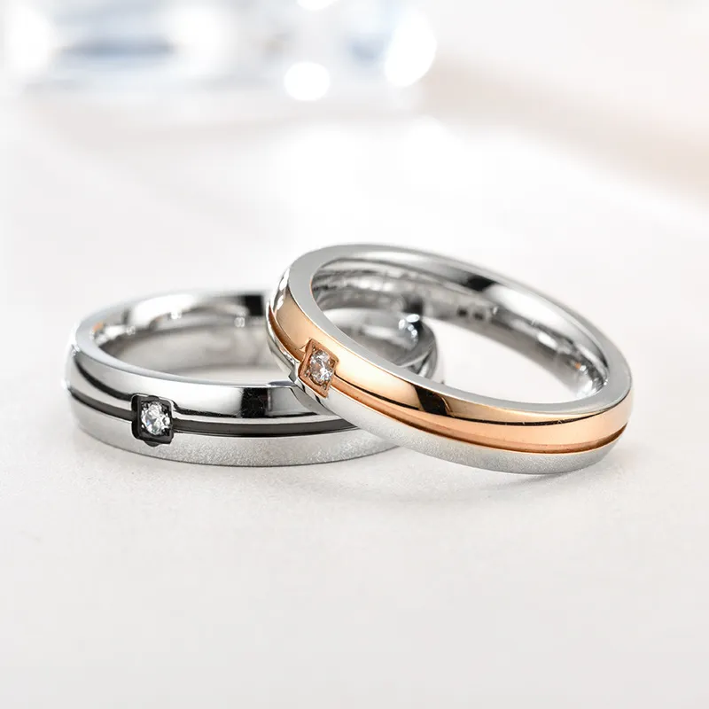 Fashion Simple Titanium Steel Rhinestone Couple Ring