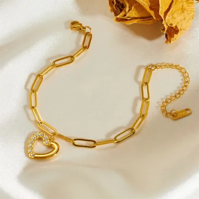 Women Fashion Personality Rhinestone Stainless Steel Heart Bracelet