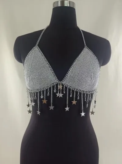 Women Fashion Sexy Sequins Rhinestone Chain Tassels Halter-Neck Sleeveless Crop Top