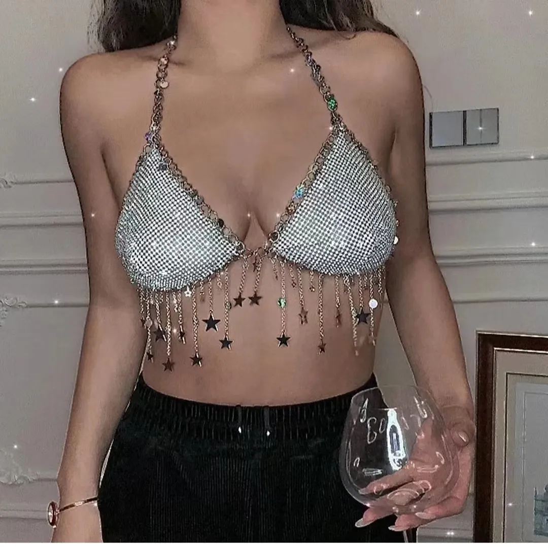 Women Fashion Sexy Sequins Rhinestone Chain Tassels Halter-Neck Sleeveless Crop Top