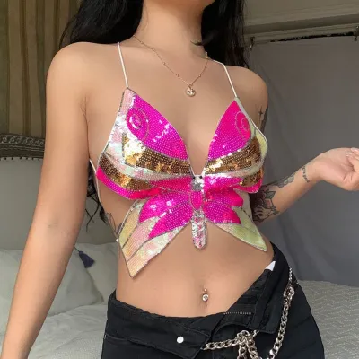 Women Fashion Sexy Sequin Rhinestone Butterfly Backless Sleeveless Crop Top