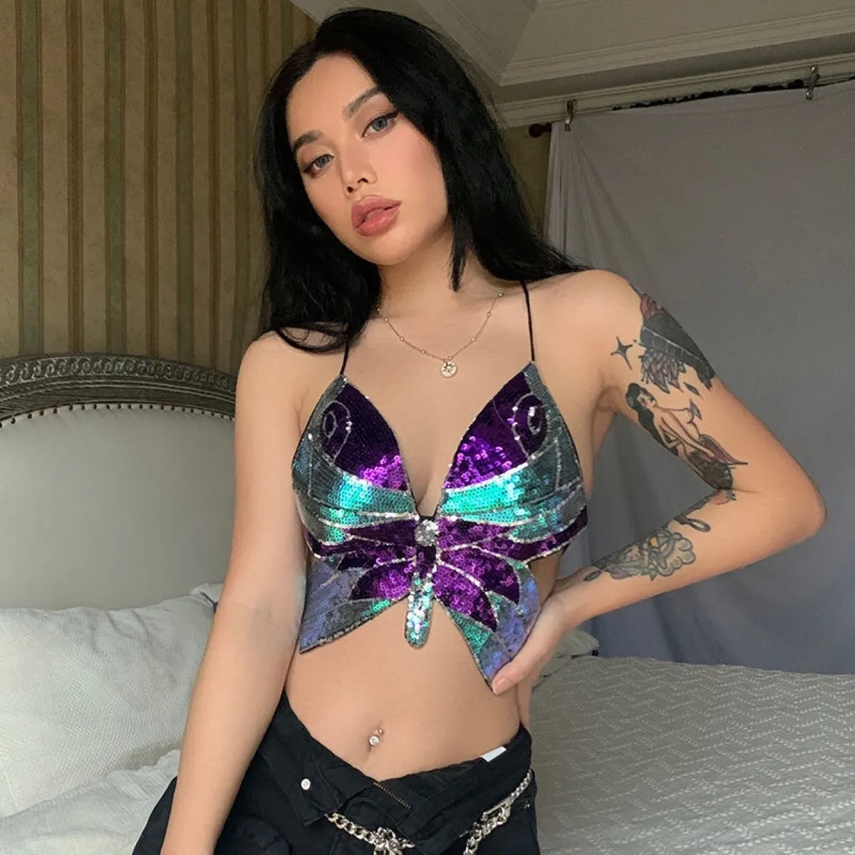 Women Fashion Sexy Sequin Rhinestone Butterfly Backless Sleeveless Crop Top